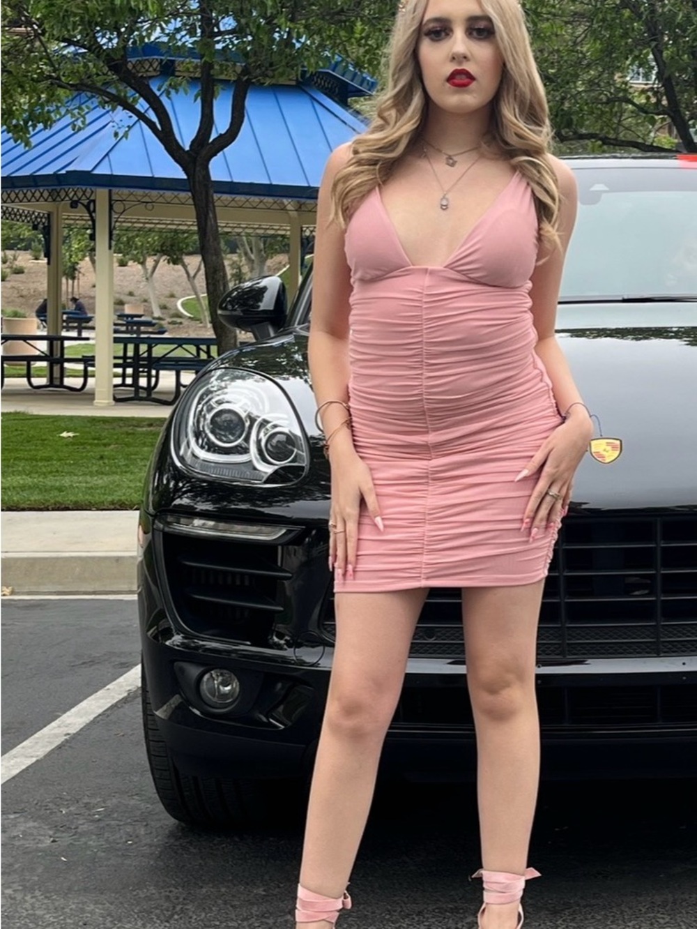Oh Polly Pink Ruched V-Neck Mini Dress